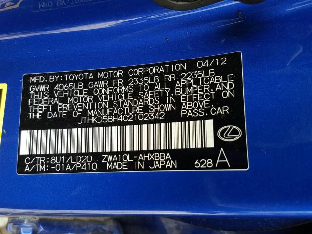 2012 LEXUS CT 200 JTHKD5BH4C2102342