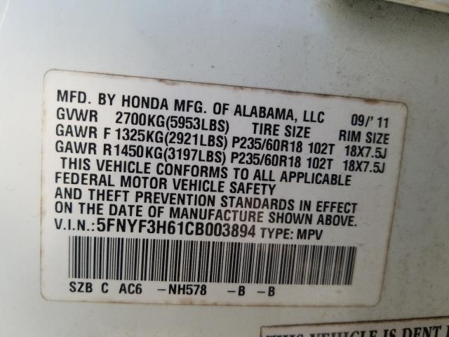 2012 HONDA PILOT EXL 5FNYF3H61CB003894