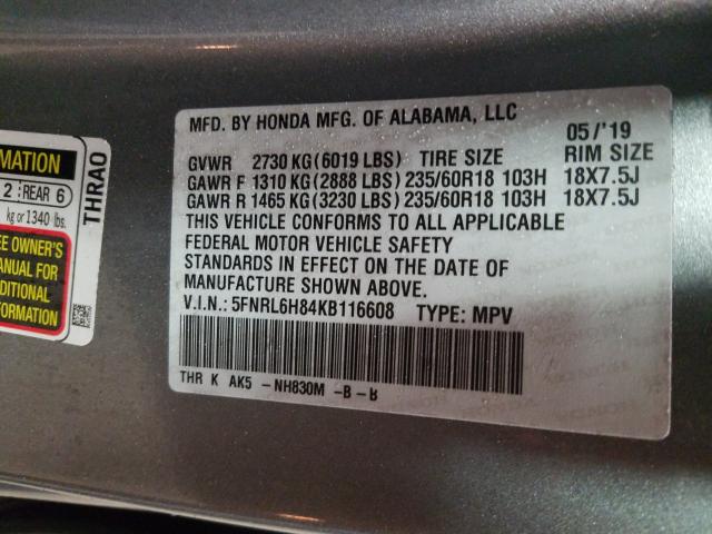 2019 HONDA ODYSSEY TO 5FNRL6H84KB116608