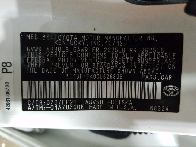 2012 TOYOTA CAMRY 4T1BF1FK0CU626808