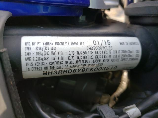 2015 YAMAHA YZFR3 MH3RH06Y9FK003510