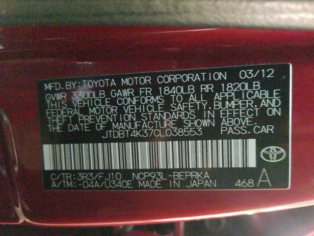 2012 TOYOTA YARIS JTDBT4K37CL038553