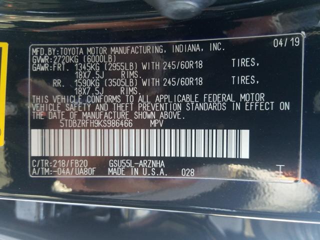 2019 TOYOTA HIGHLANDER 5TDBZRFH9KS986466