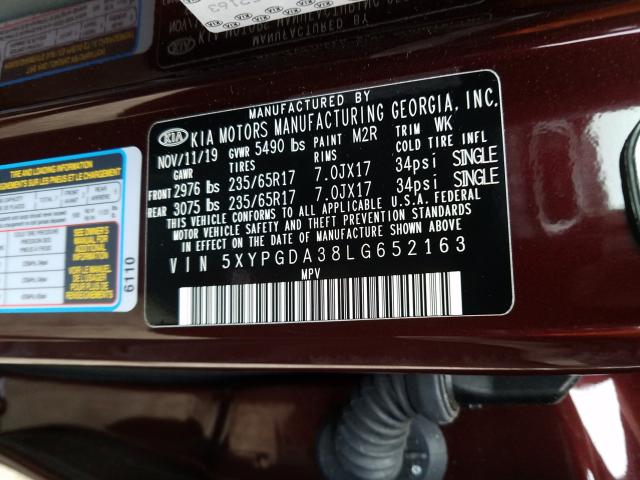 2020 KIA SORENTO L 5XYPGDA38LG652163