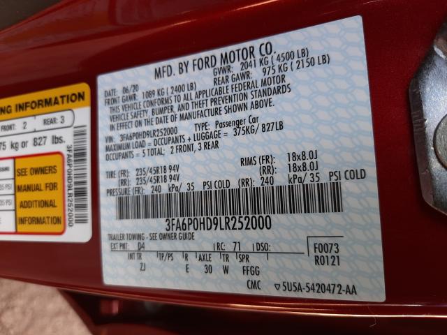 2020 FORD FUSION SE 3FA6P0HD9LR252000