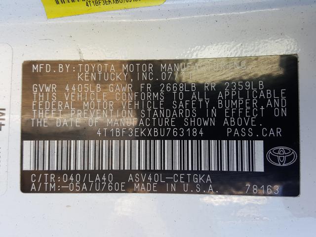 2011 TOYOTA CAMRY BASE 4T1BF3EKXBU763184