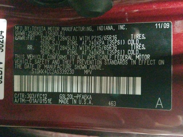 2010 TOYOTA SIENNA CE 5TDKK4CC2AS339230