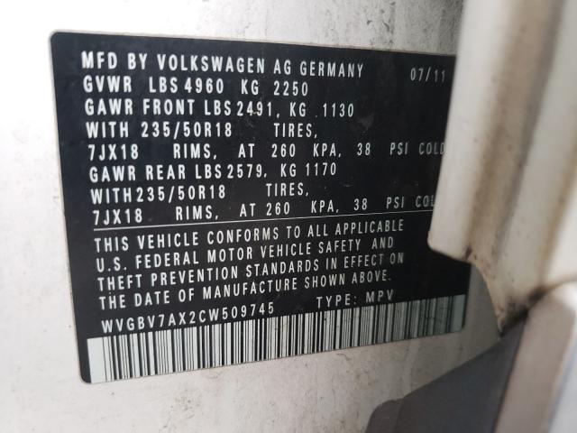2012 VOLKSWAGEN TIGUAN S WVGBV7AX2CW509745