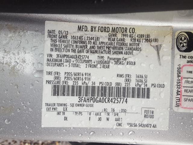 2012 FORD FUSION S 3FAHP0GA0CR425774