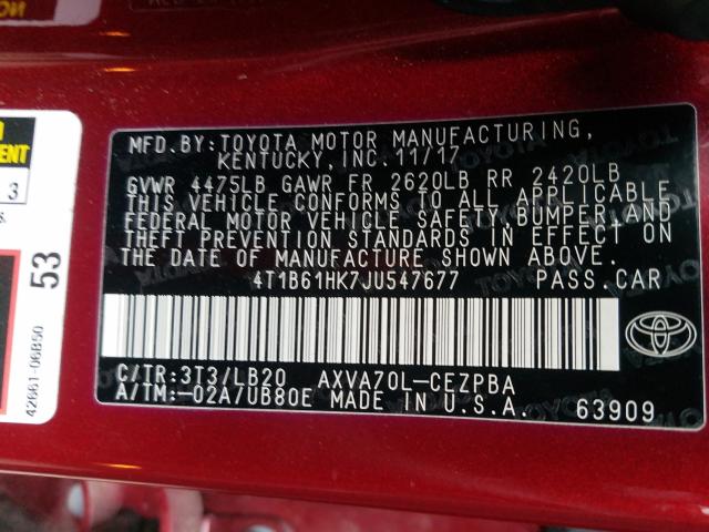 2018 TOYOTA CAMRY XSE 4T1B61HK7JU547677