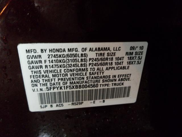 2011 HONDA RIDGELINE 5FPYK1F5XBB004560