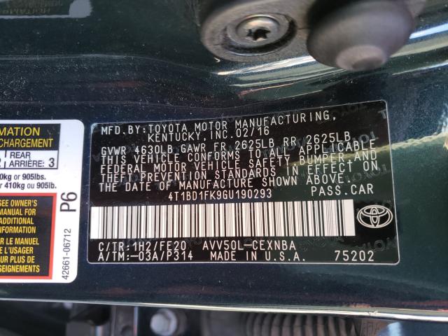 2016 TOYOTA CAMRY HYBR 4T1BD1FK9GU190293