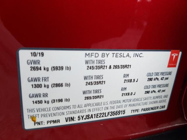 2020 TESLA MODEL S 5YJSA1E22LF356915