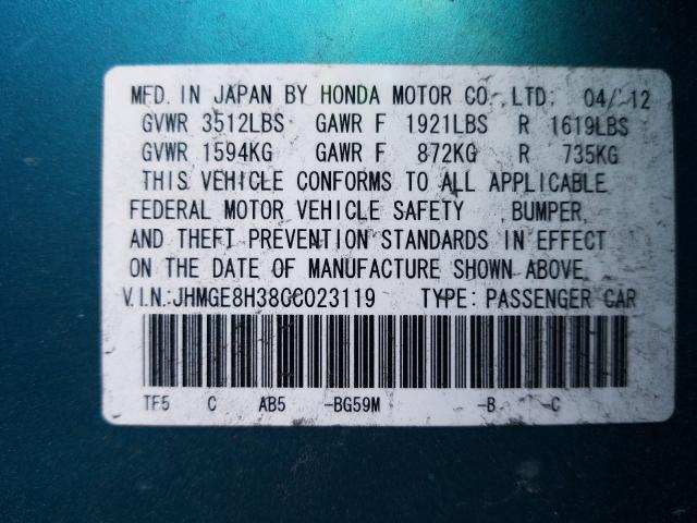 2012 HONDA FIT JHMGE8H38CC023119