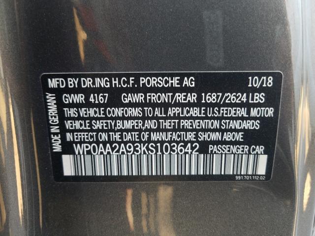 VIN WP0AA2A93KS103642 2019 Porsche 911, Carrera no.10