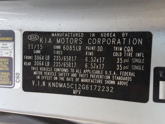 2016 KIA SEDONA L KNDMA5C12G6172232