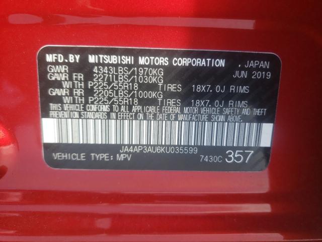 2019 MITSUBISHI OUTLANDER JA4AP3AU6KU035599