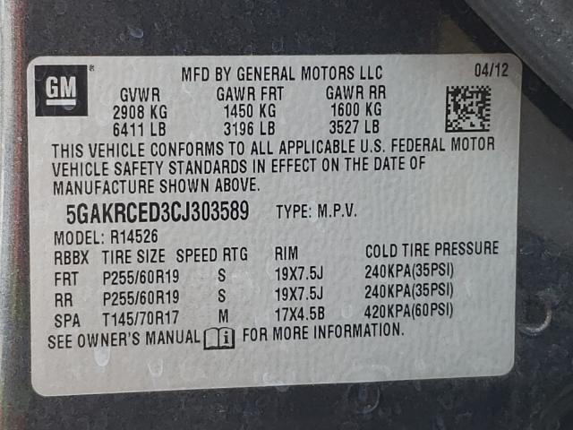 2012 BUICK ENCLAVE 5GAKRCED3CJ303589
