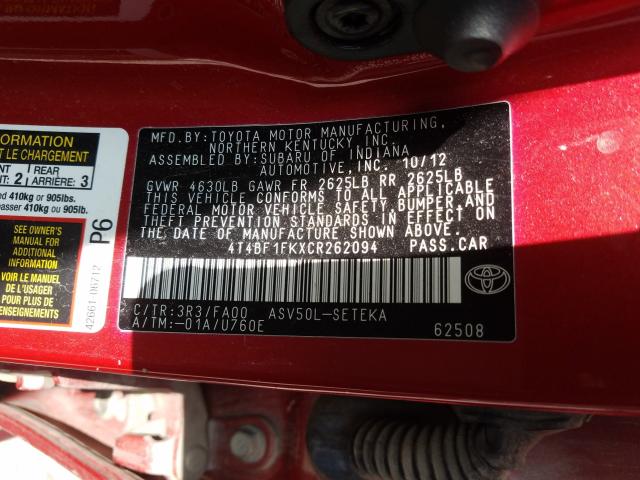 2012 TOYOTA CAMRY CE 4T4BF1FKXCR262094