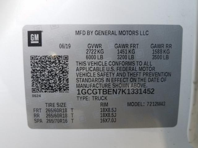 2019 CHEVROLET COLORADO 1GCGTBEN7K1331452
