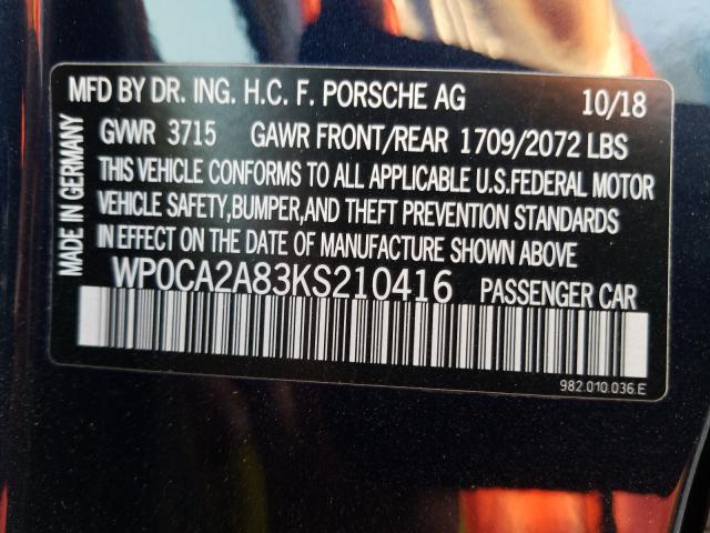 2019 PORSCHE BOXSTER BA WP0CA2A83KS210416
