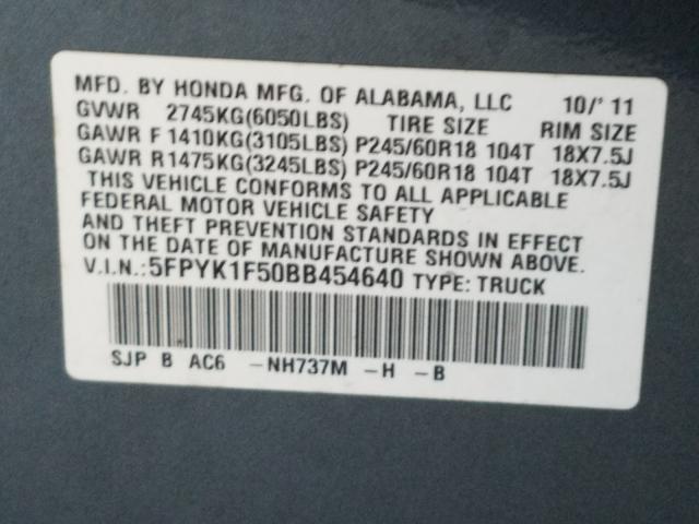 2011 HONDA RIDGELINE 5FPYK1F50BB454640