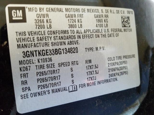 2011 CHEVROLET AVALANCHE 3GNTKGE33BG134820