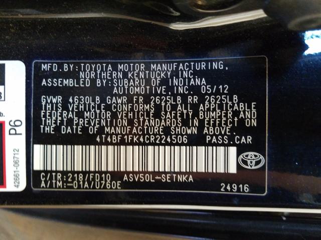 2012 TOYOTA CAMRY BASE 4T4BF1FK4CR224506