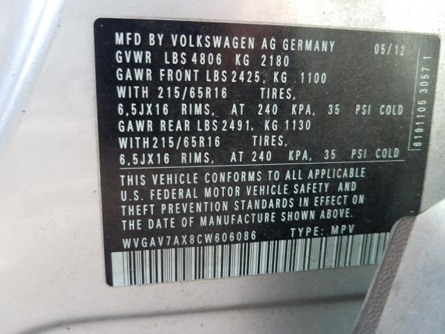 2012 VOLKSWAGEN TIGUAN WVGAV7AX8CW606086