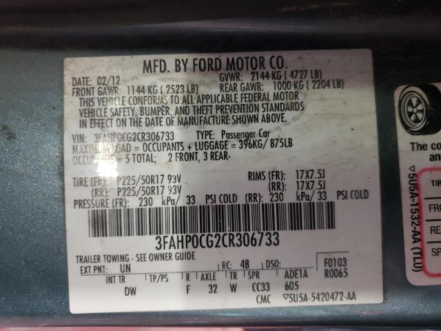 2012 FORD FUSION 3FAHP0CG2CR306733