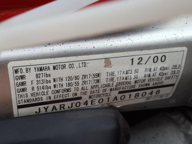 2001 YAMAHA YZFR6 L JYARJ04E01A018046