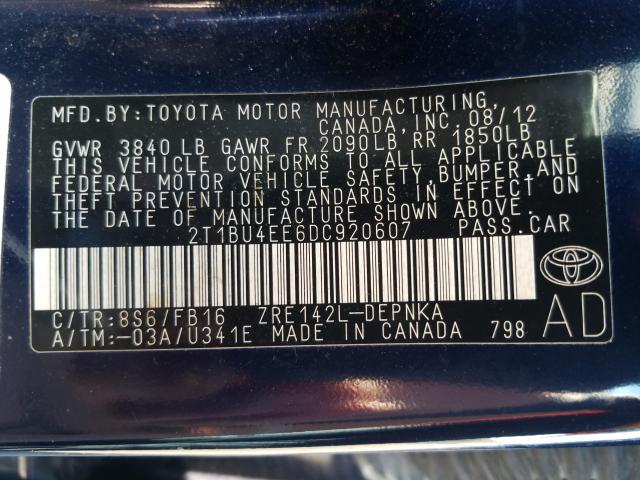 2013 TOYOTA COROLLA BA 2T1BU4EE6DC920607
