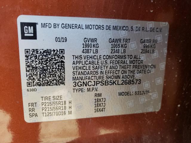 2019 CHEVROLET TRAX 1LT 3GNCJPSB5KL268573