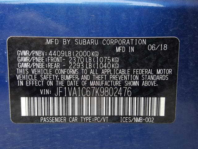 2019 SUBARU WRX JF1VA1C67K9802476