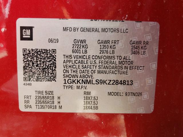 2019 GMC ACADIA SLT 1GKKNMLS9KZ284813