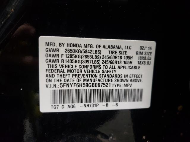 2016 HONDA PILOT EXL 5FNYF6H59GB067521