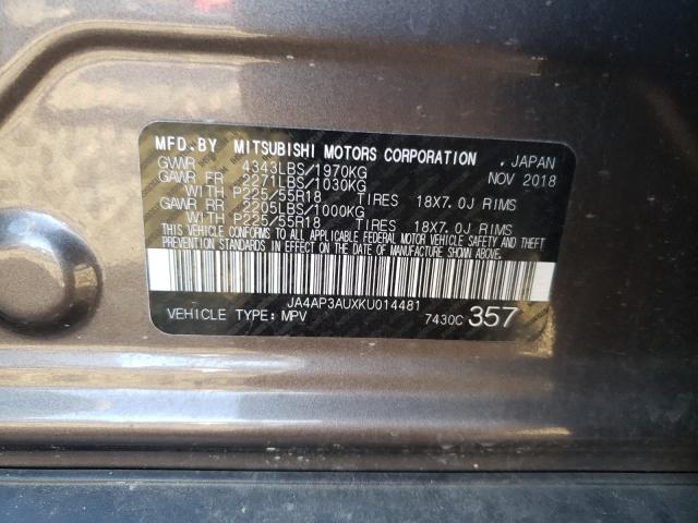 2019 MITSUBISHI OUTLANDER JA4AP3AUXKU014481