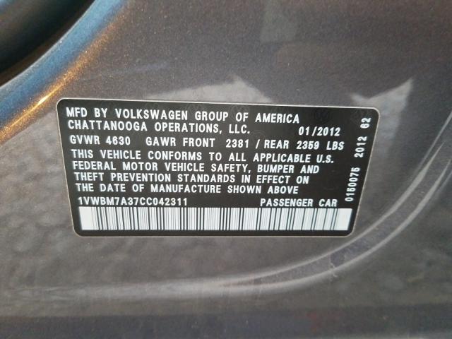 2012 VOLKSWAGEN PASSAT SE 1VWBM7A37CC042311