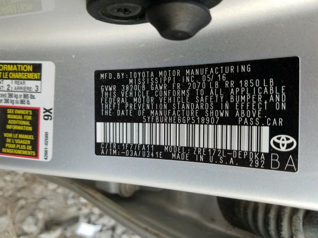 2016 TOYOTA COROLLA L 5YFBURHE6GP518907