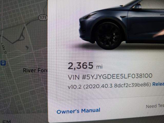 2020 TESLA MODEL Y 5YJYGDEE5LF038100