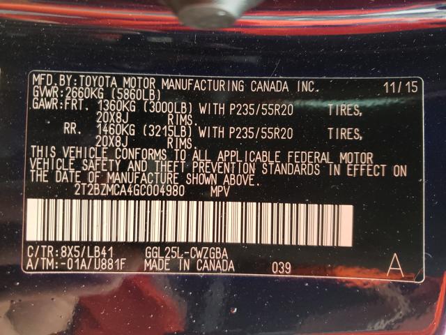 2016 LEXUS RX 350 BAS 2T2BZMCA4GC004980