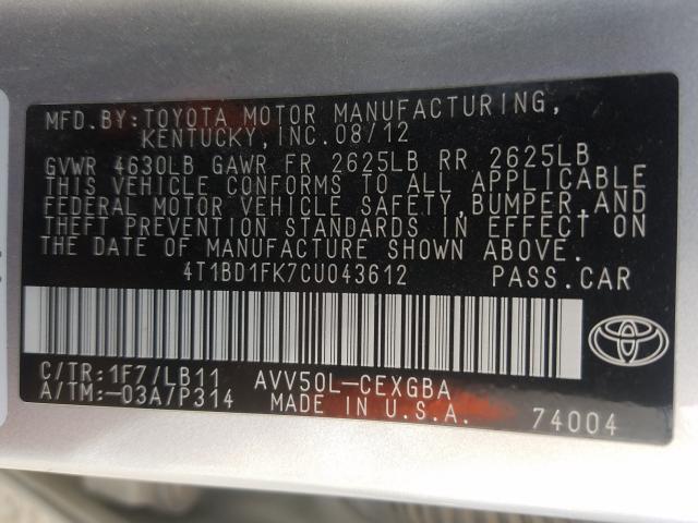 2012 TOYOTA CAMRY HYBR 4T1BD1FK7CU043612
