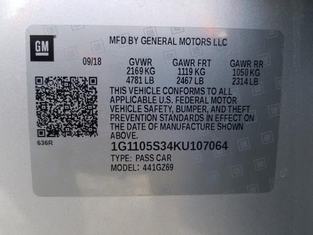 2019 CHEVROLET IMPALA PRE 1G1105S34KU107064