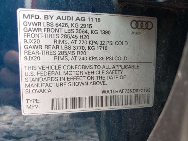 VIN WA1LHAF73KD022192 2019 Audi Q7, Premium Plus no.10