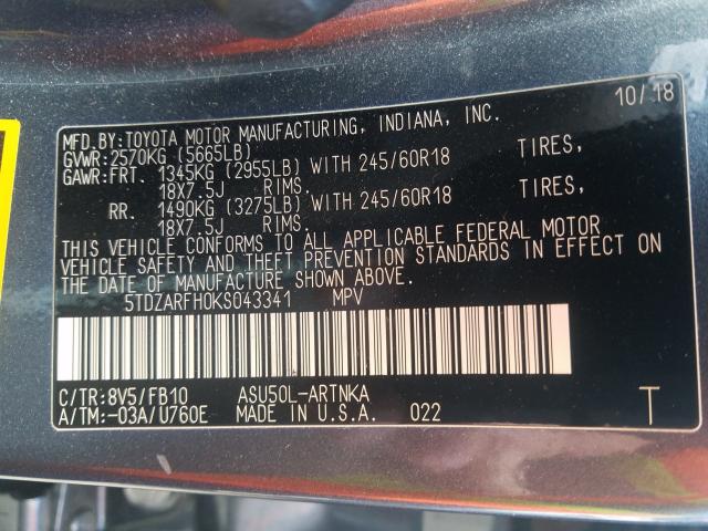 2019 TOYOTA HIGHLANDER 5TDZARFH0KS043341