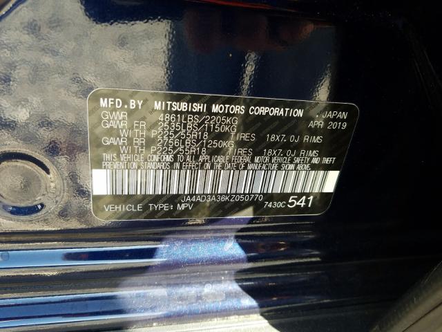 2019 MITSUBISHI OUTLANDER JA4AD3A36KZ050770