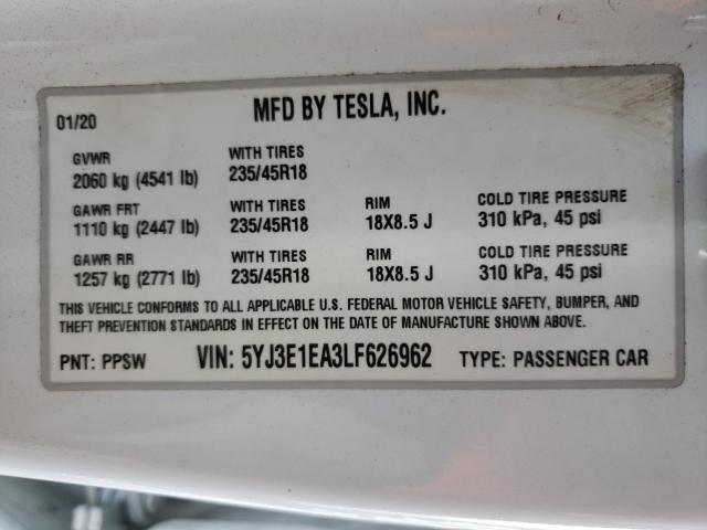 2020 TESLA MODEL 3 5YJ3E1EA3LF626962
