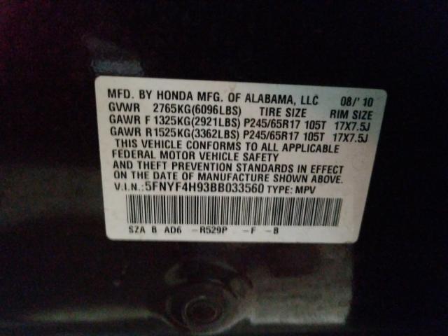 2011 HONDA PILOT TOUR 5FNYF4H93BB033560