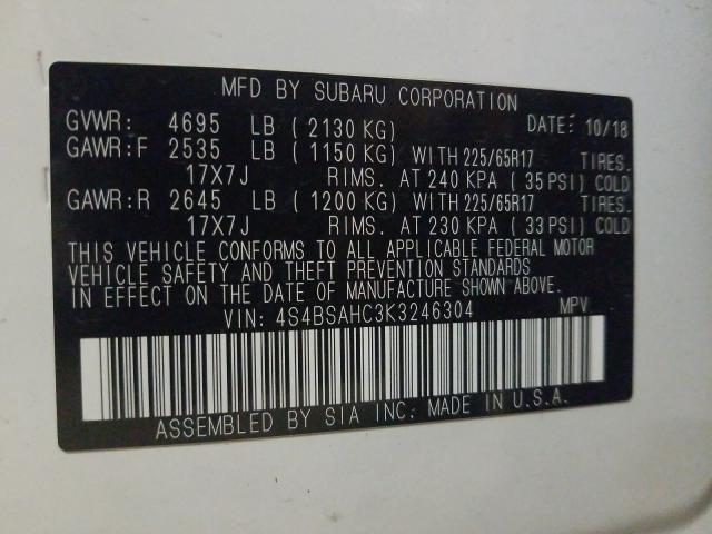 2019 SUBARU OUTBACK 2. 4S4BSAHC3K3246304
