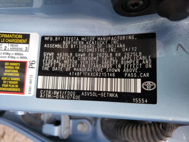 2012 TOYOTA CAMRY BASE 4T4BF1FKXCR215146